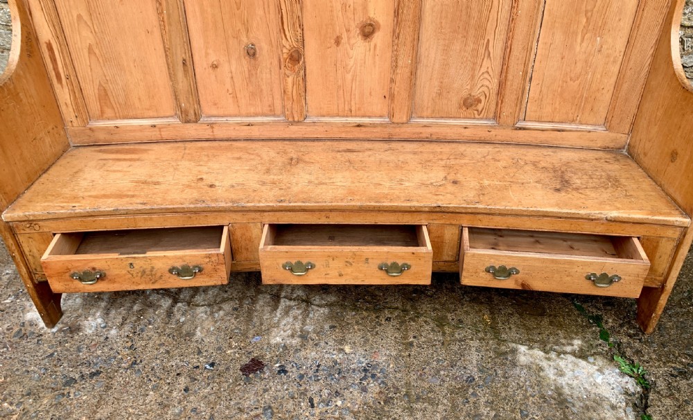 Large Antique High Back Curved Pine Settle View XVIII