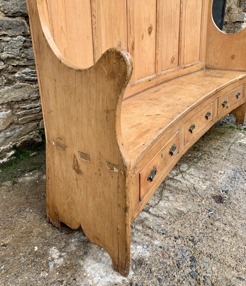 Large Antique High Back Curved Pine Settle View XX