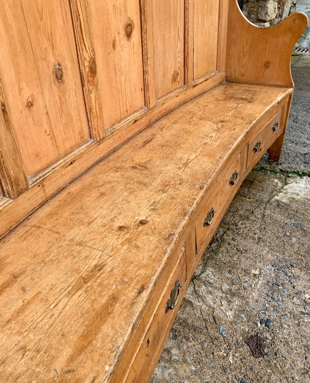 Large Antique High Back Curved Pine Settle View XXI