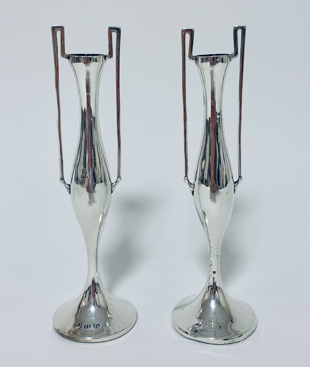 Pair of Antique Art Nouveau Solid Silver Vases