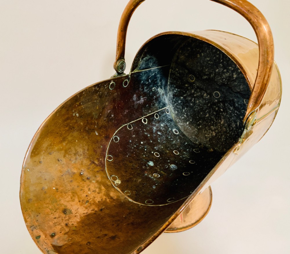 Antique Copper Coal Scuttle and Shovel View VI