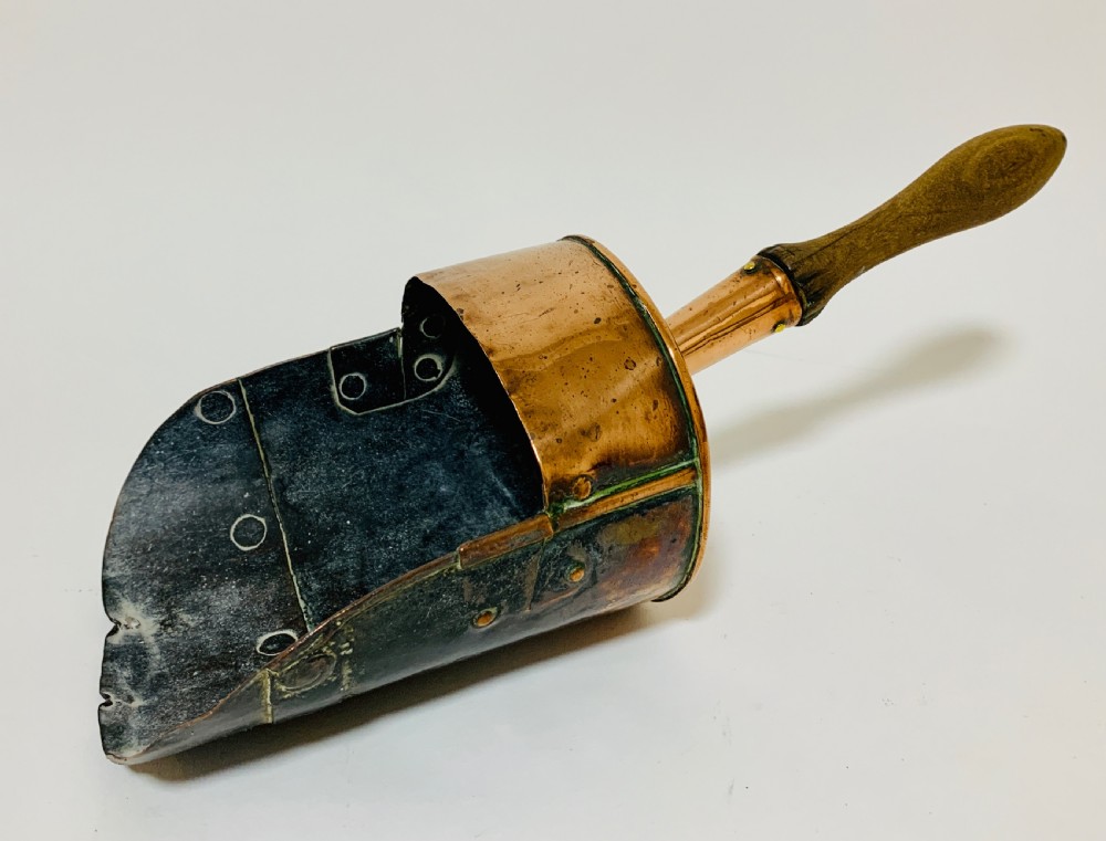 Antique Copper Coal Scuttle and Shovel View X