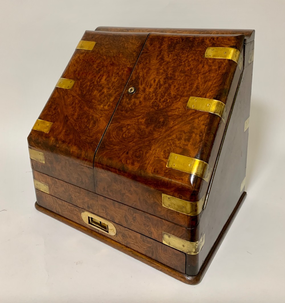 Victorian Burr Walnut Brass Bound Desktop Stationery Cabinet View II