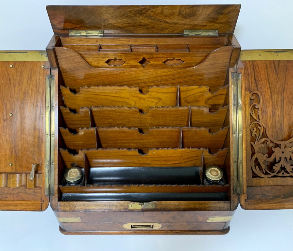 Victorian Burr Walnut Brass Bound Desktop Stationery Cabinet View III