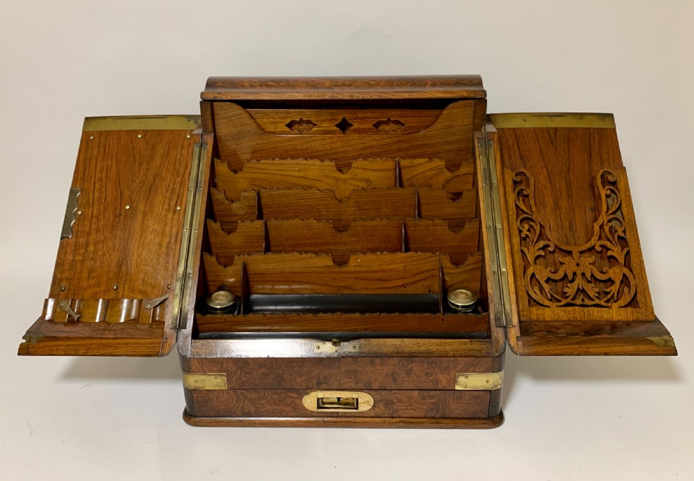 Victorian Burr Walnut Brass Bound Desktop Stationery Cabinet View V
