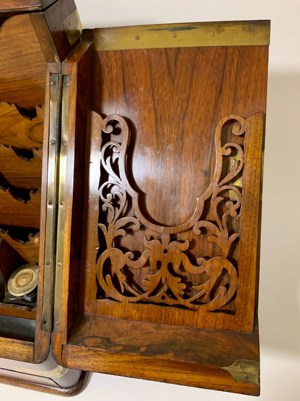 Victorian Burr Walnut Brass Bound Desktop Stationery Cabinet View VI