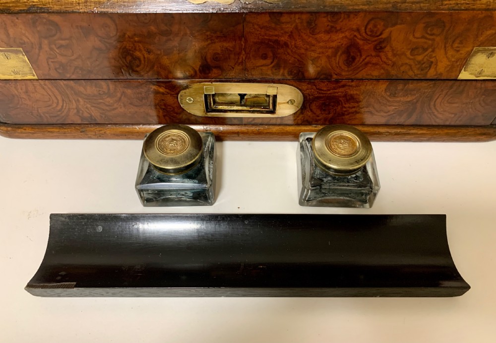 Victorian Burr Walnut Brass Bound Desktop Stationery Cabinet View VIII