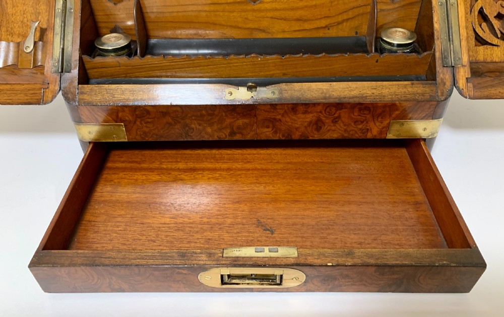 Victorian Burr Walnut Brass Bound Desktop Stationery Cabinet View IX