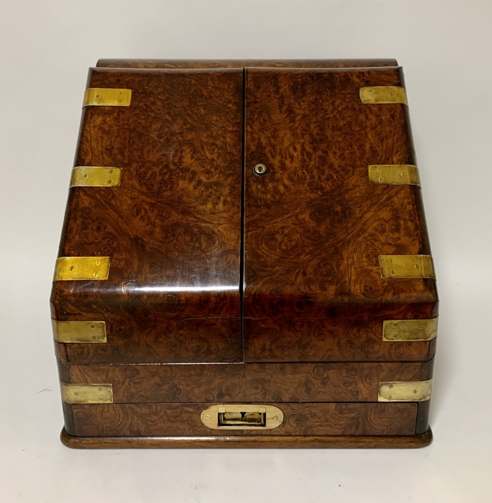 Victorian Burr Walnut Brass Bound Desktop Stationery Cabinet View X