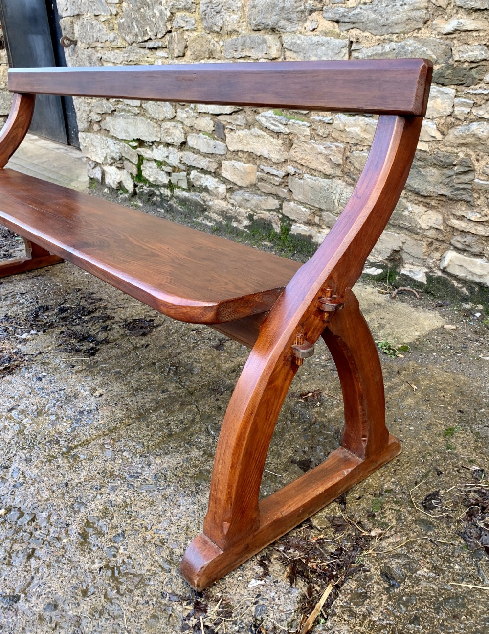 Antique Pitch Pine Gothic Style Church Pew Bench View IX