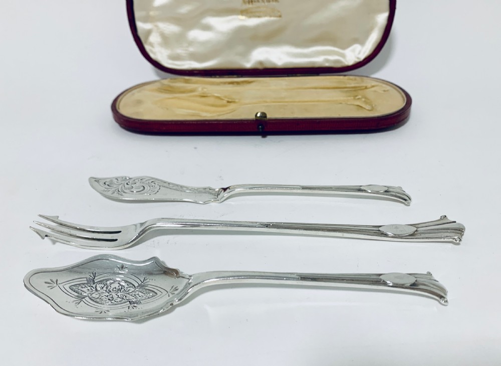 Antique Victorian Solid Silver Jam Spoon, Butter Knife & Pickle Fork Set View II