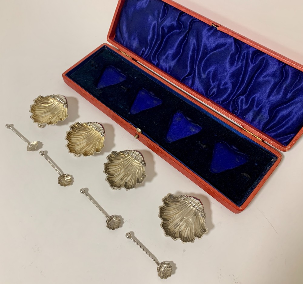 Set of 4 Antique Solid Silver Shell Salts and Spoons View II