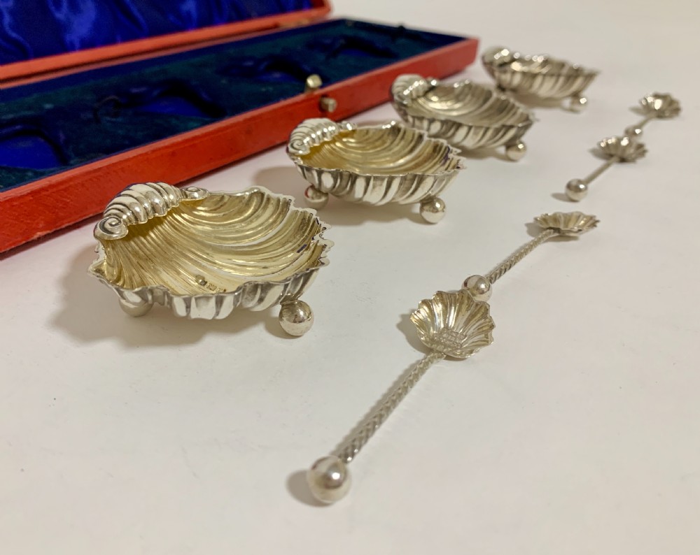 Set of 4 Antique Solid Silver Shell Salts and Spoons View III