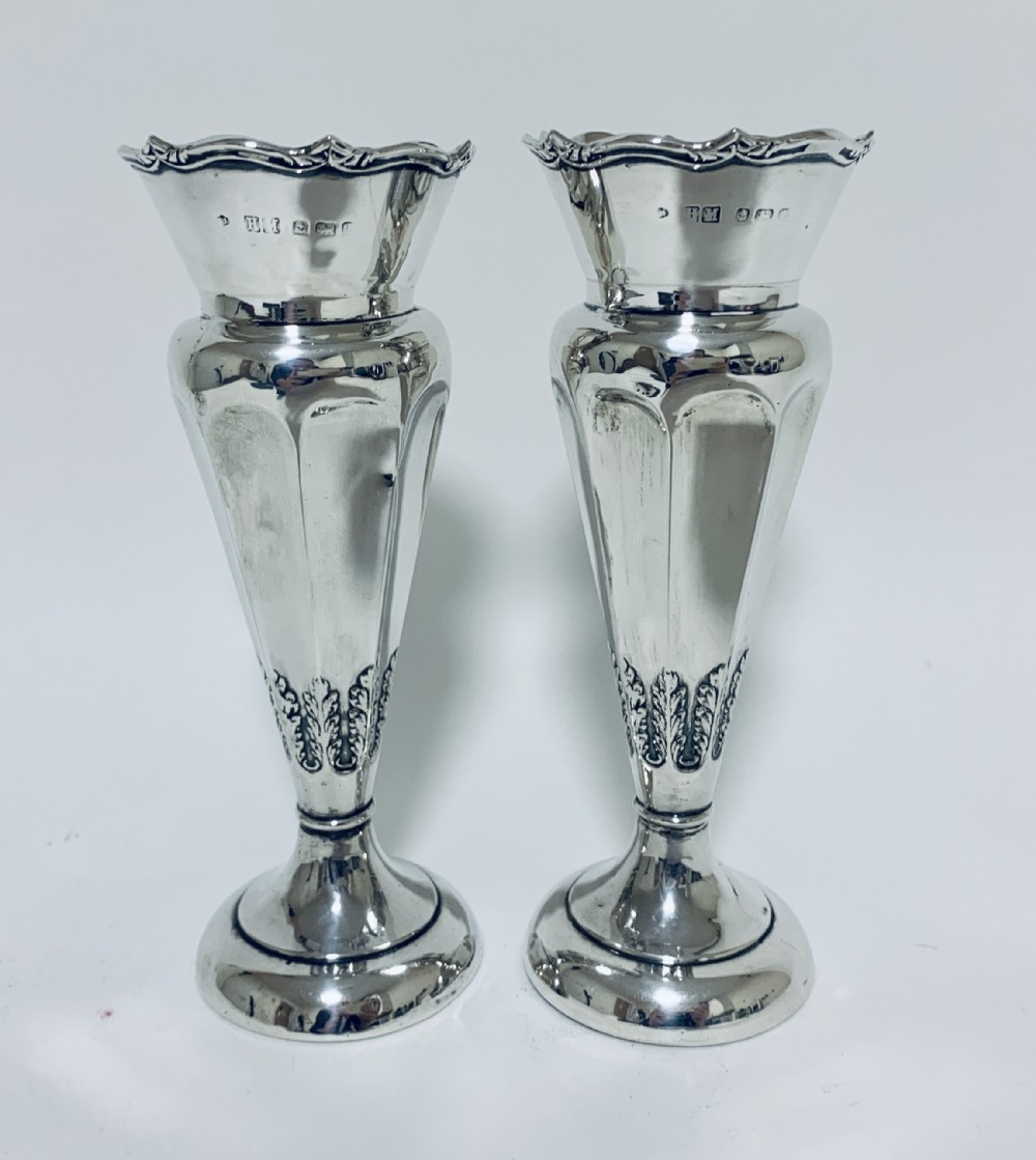 Pair of Antique Sterling Silver Trumpet Shaped Vases