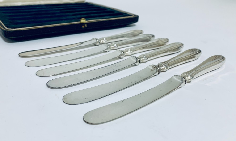 Set of 6 Antique Sterling Silver Butter Knives in Original Box View VI