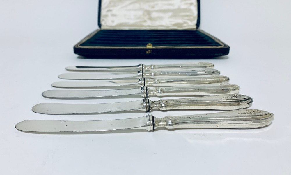 Set of 6 Antique Sterling Silver Butter Knives in Original Box View VII