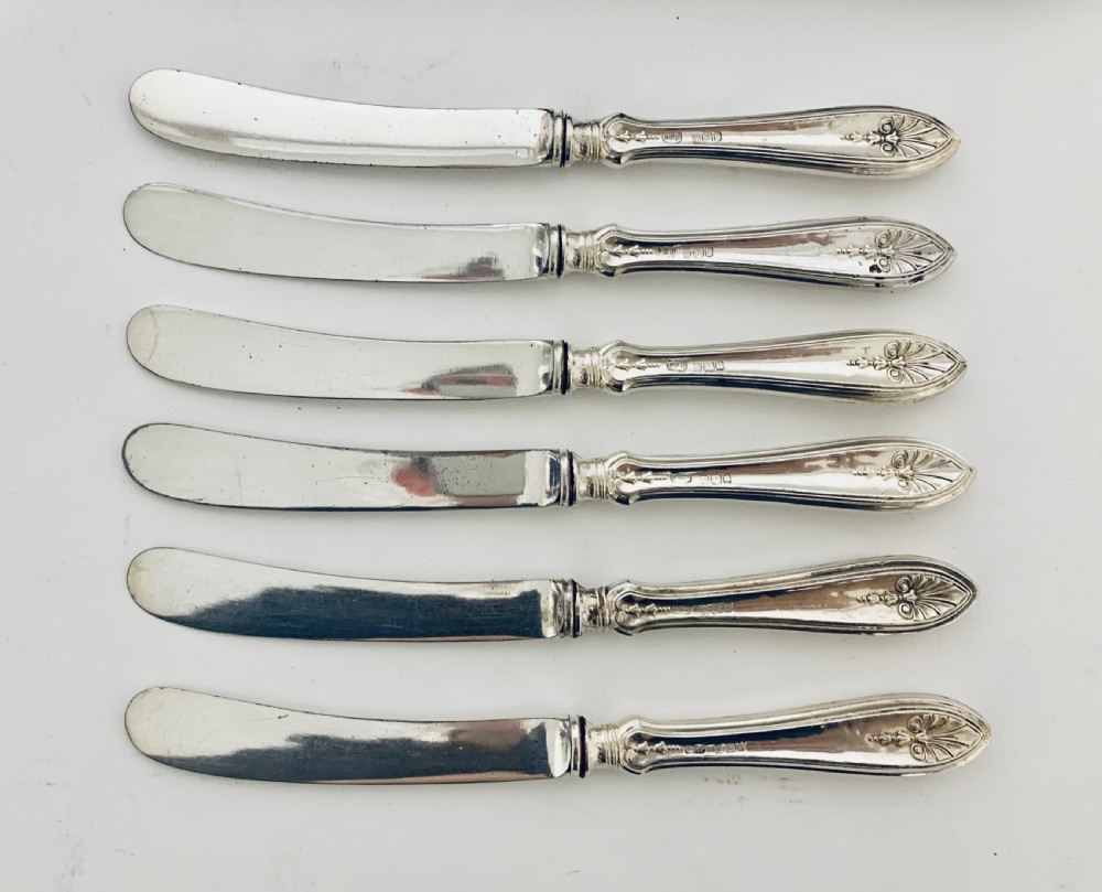Set of 6 Antique Sterling Silver Butter Knives in Original Box View VIII