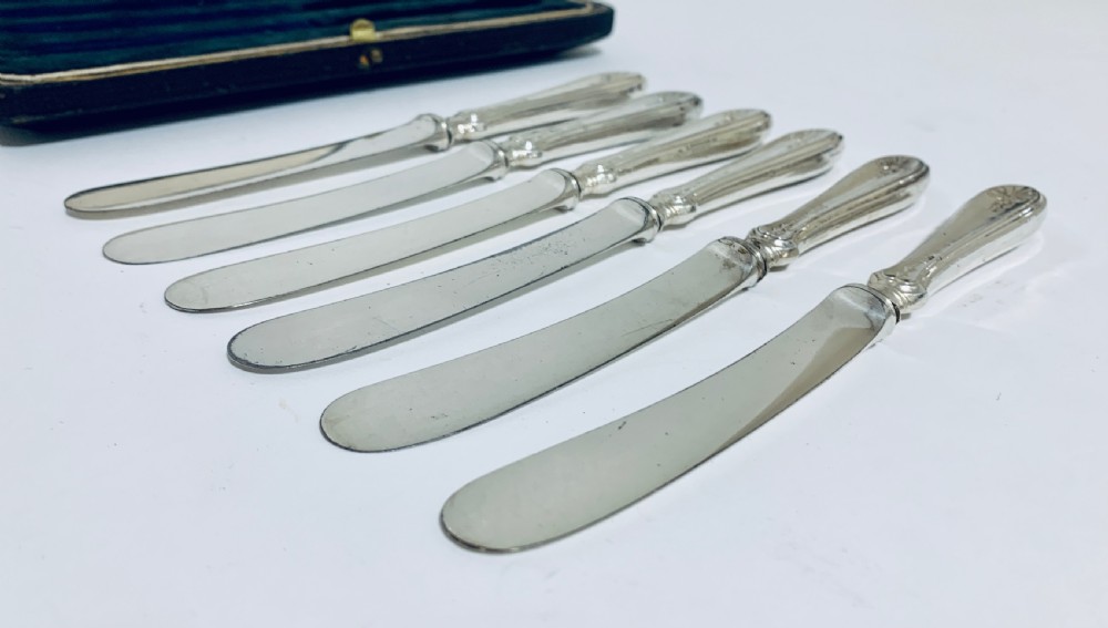 Set of 6 Antique Sterling Silver Butter Knives in Original Box View IX