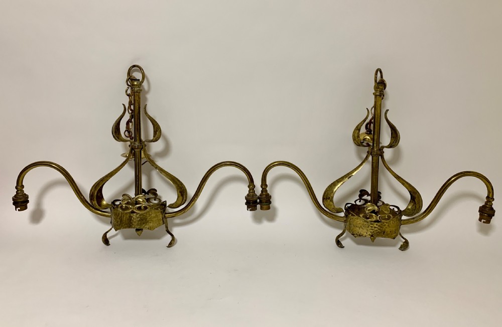 Pair of Art Nouveau Brass Chandeliers in the manner of Benson