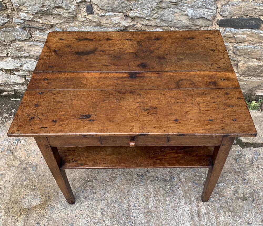 Antique Country Oak Side Table with Shelf View III