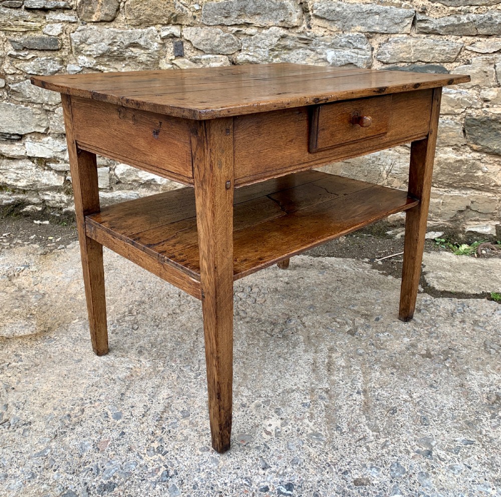 Antique Country Oak Side Table with Shelf View IX