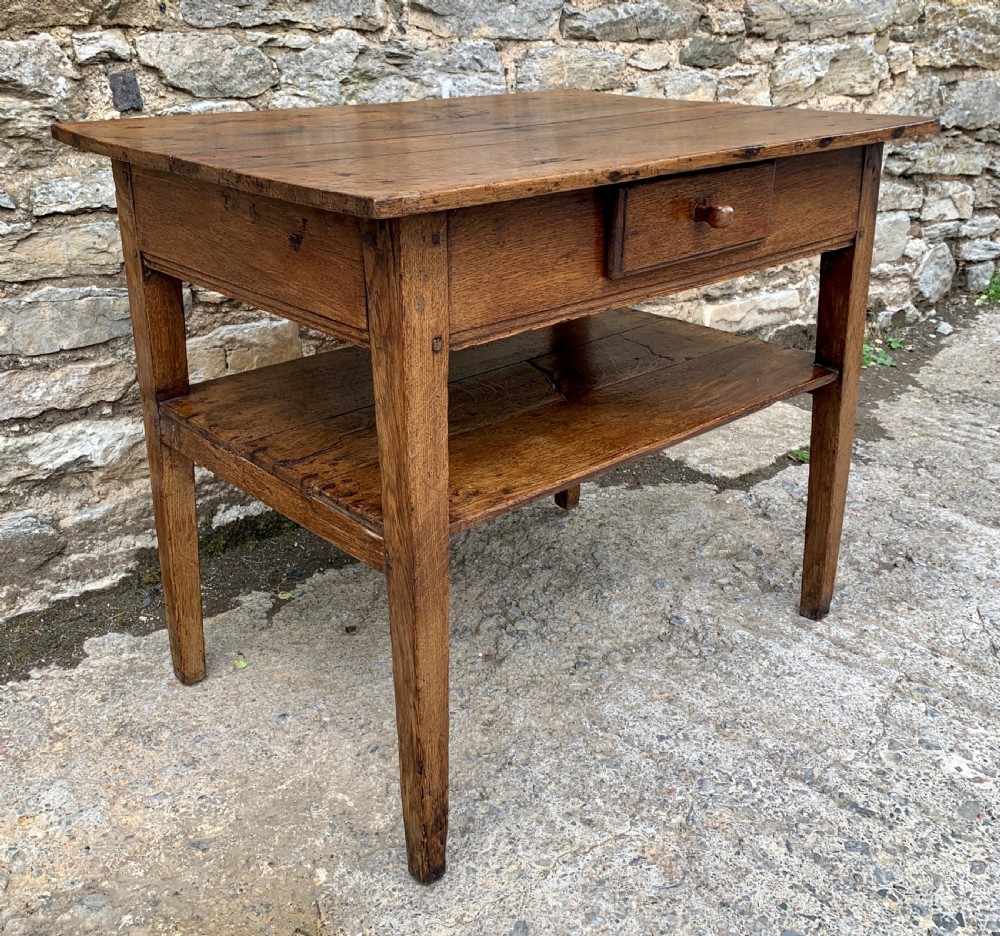 Antique Country Oak Side Table with Shelf View X
