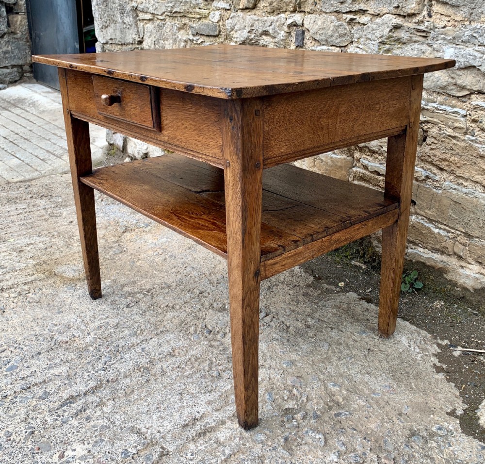 Antique Country Oak Side Table with Shelf View XIV