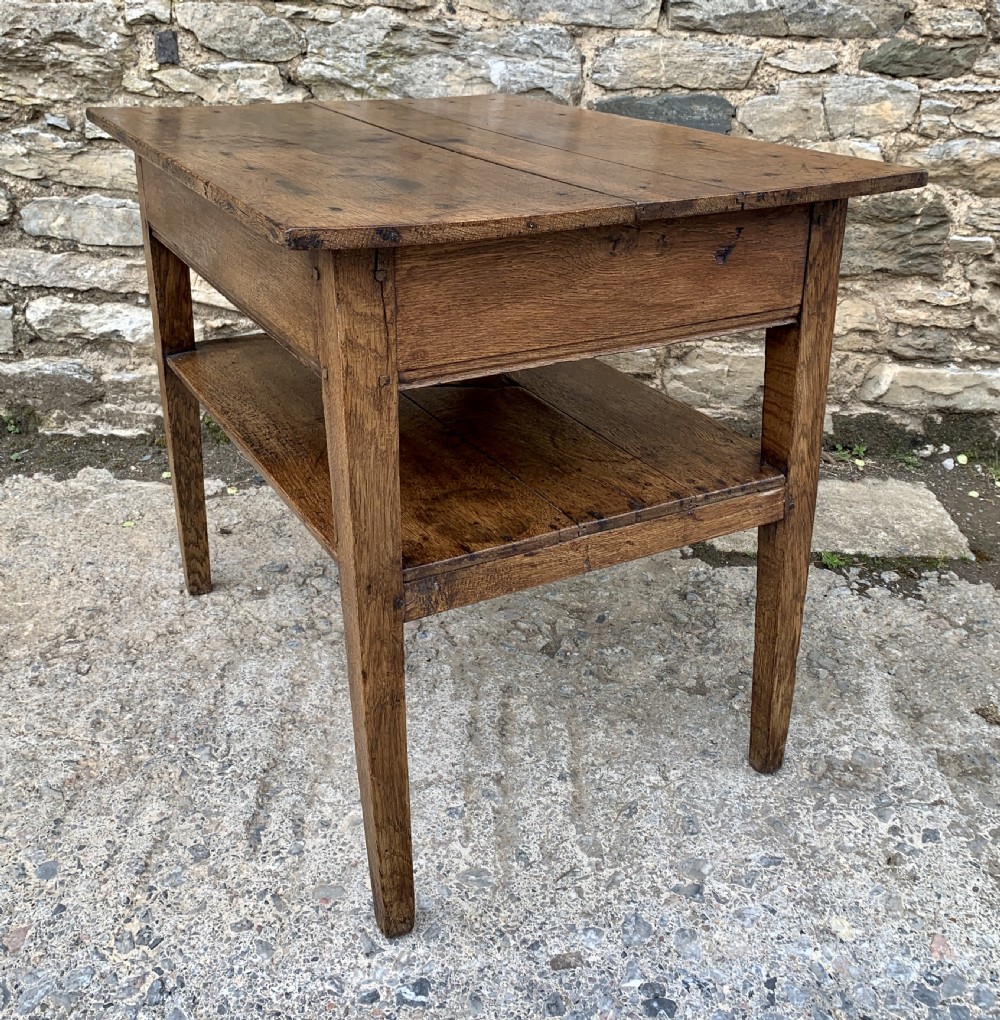 Antique Country Oak Side Table with Shelf View XVI
