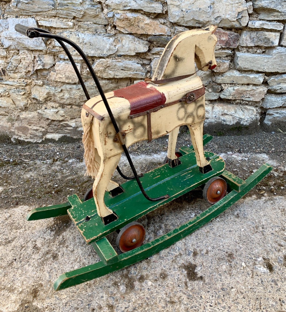 Antique Wooden Push Along Rocking Horse Toy View XVI