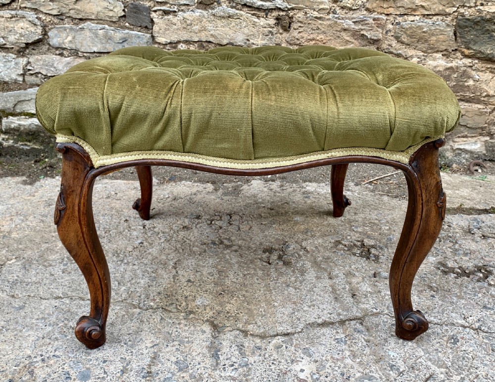 Victorian Walnut Cabriole Leg Buttoned Stool View II