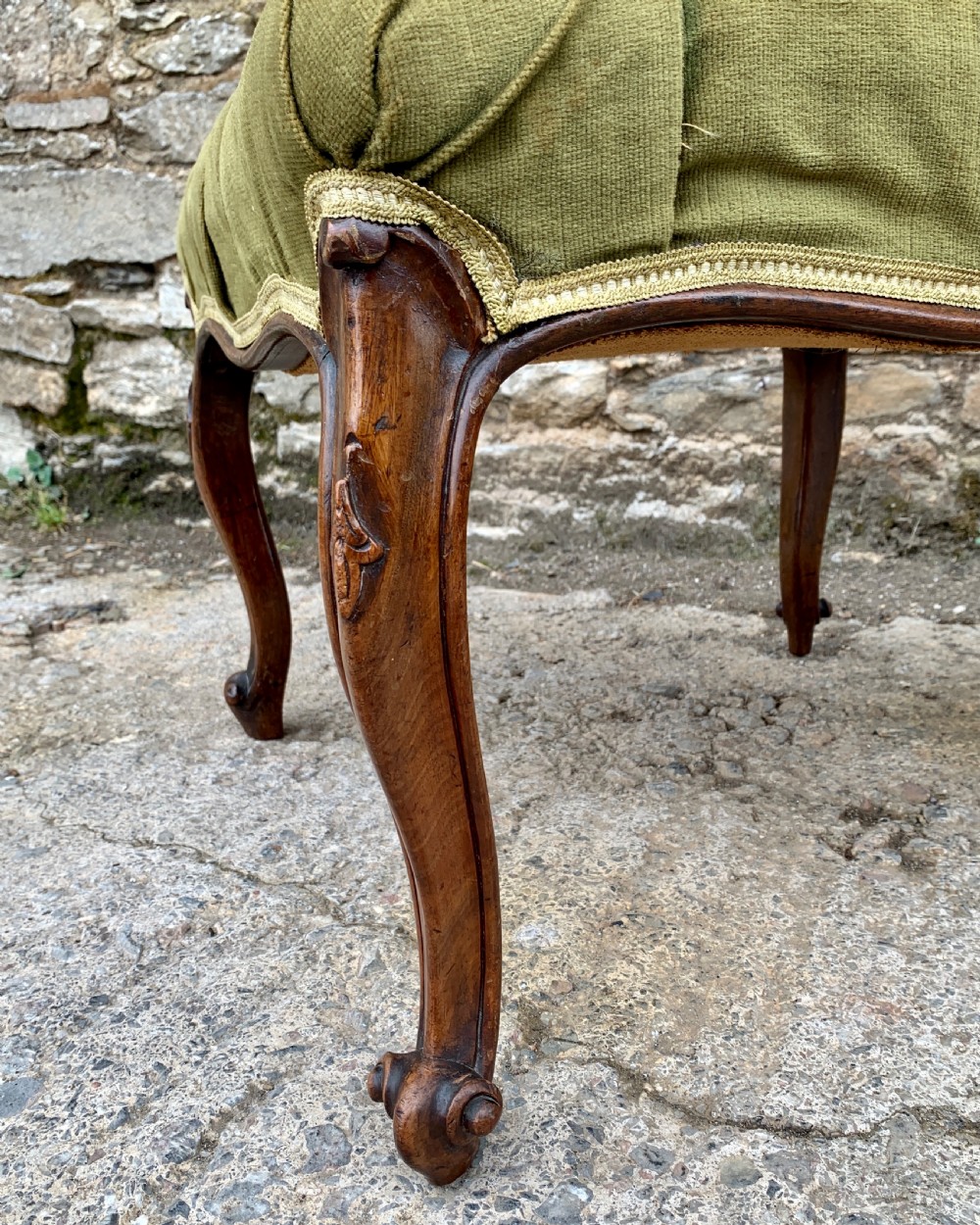 Victorian Walnut Cabriole Leg Buttoned Stool View XIII
