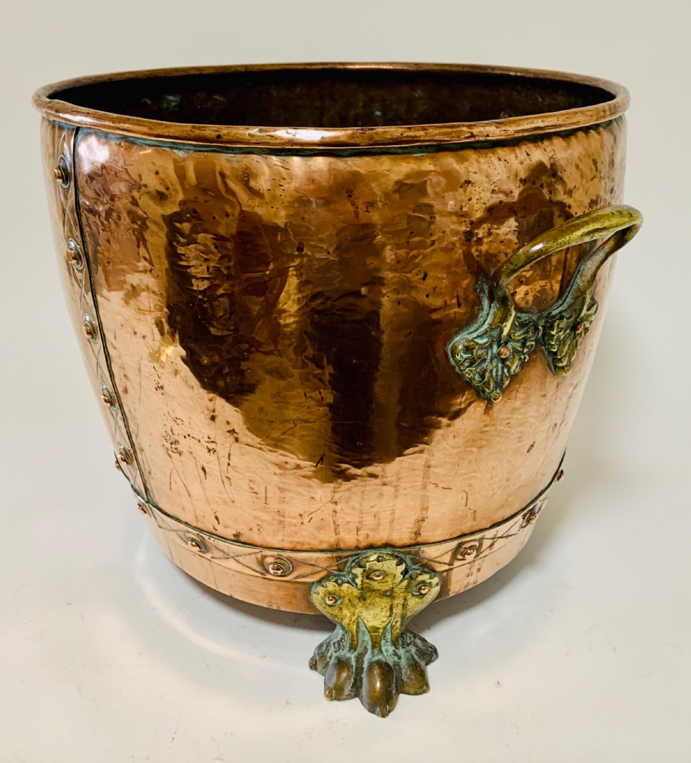Antique Riveted Copper Coal or Log Bucket View X