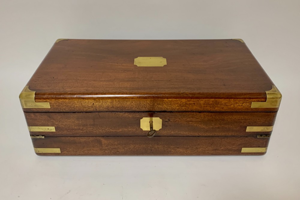 Antique Mahogany Brass Bound Campaign Writing Slope View XIV