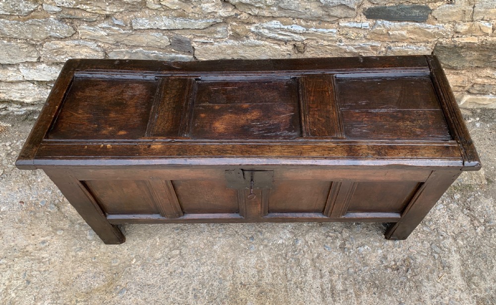 Small Early 18th Century Oak Panelled Coffer View XVII