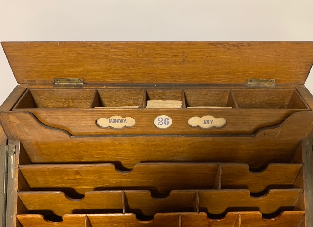 Antique Oak Desktop Stationery Cabinet with Calendar View VI