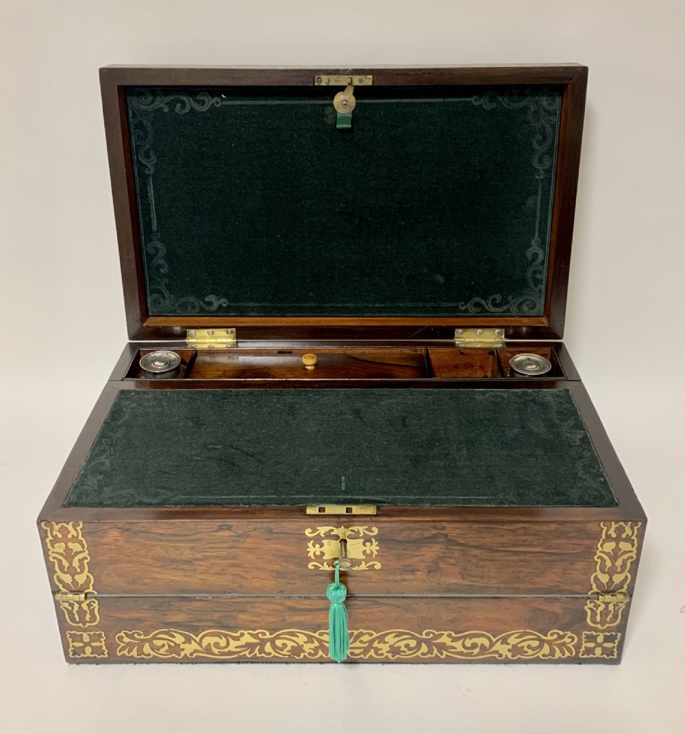 Superb Antique Rosewood Brass Inlaid Writing Slope Box with Double Hinge