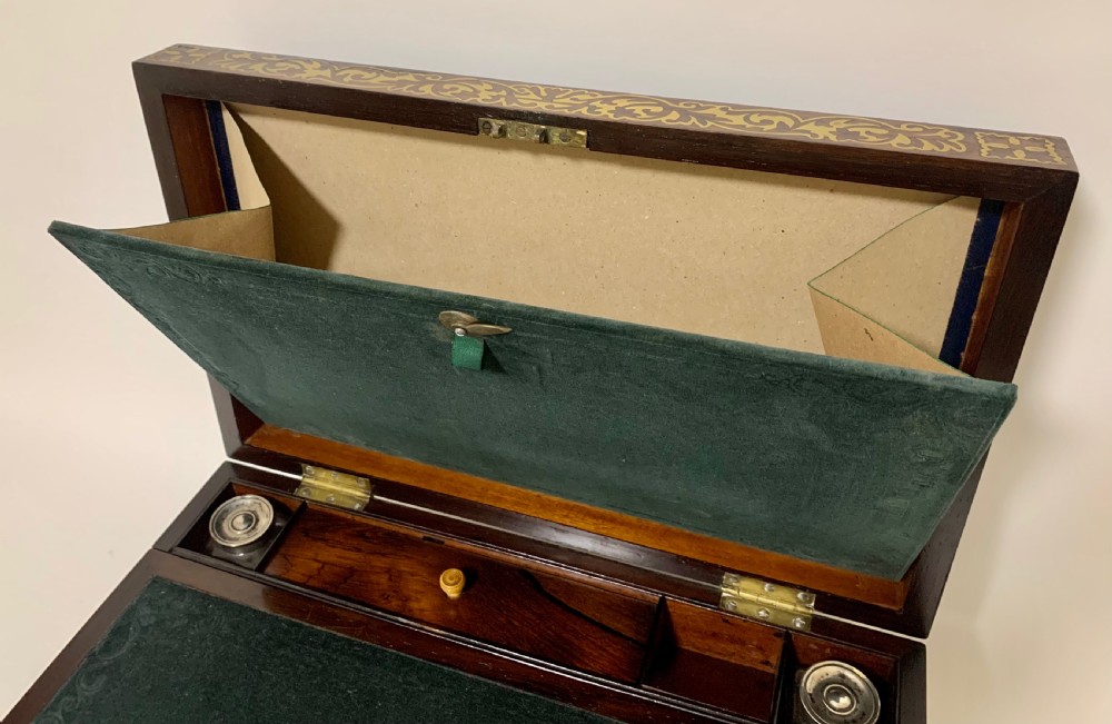 Superb Antique Rosewood Brass Inlaid Writing Slope Box with Double Hinge View II