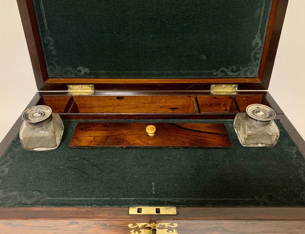 Superb Antique Rosewood Brass Inlaid Writing Slope Box with Double Hinge View III