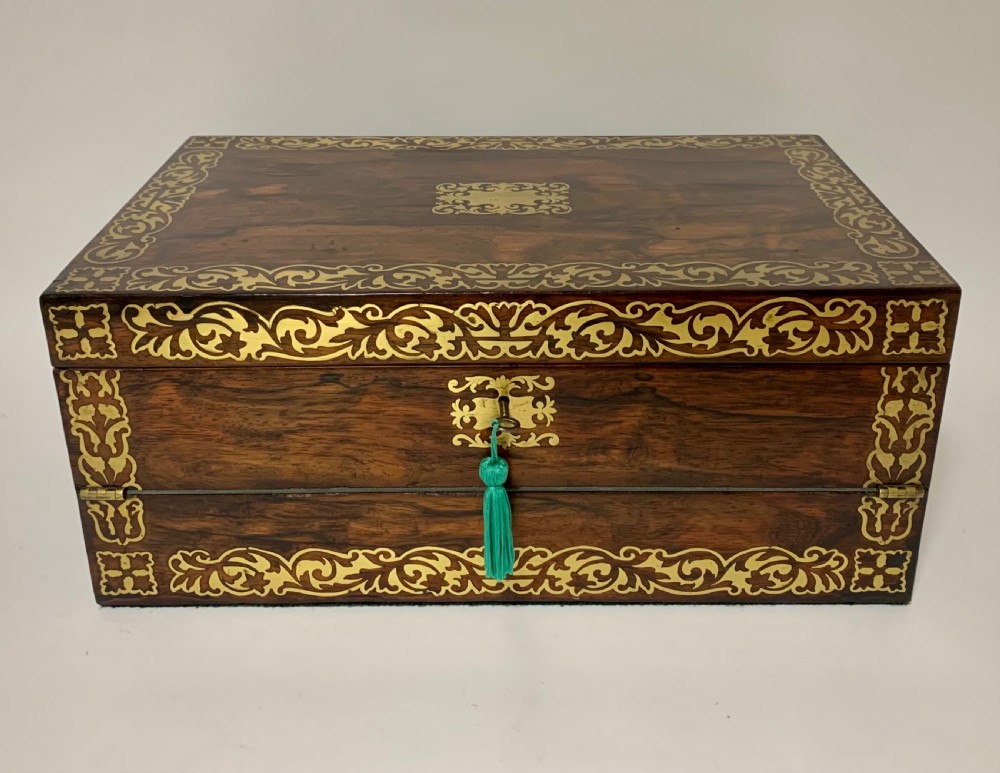 Superb Antique Rosewood Brass Inlaid Writing Slope Box with Double Hinge View IV