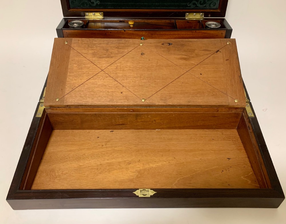 Superb Antique Rosewood Brass Inlaid Writing Slope Box with Double Hinge View V