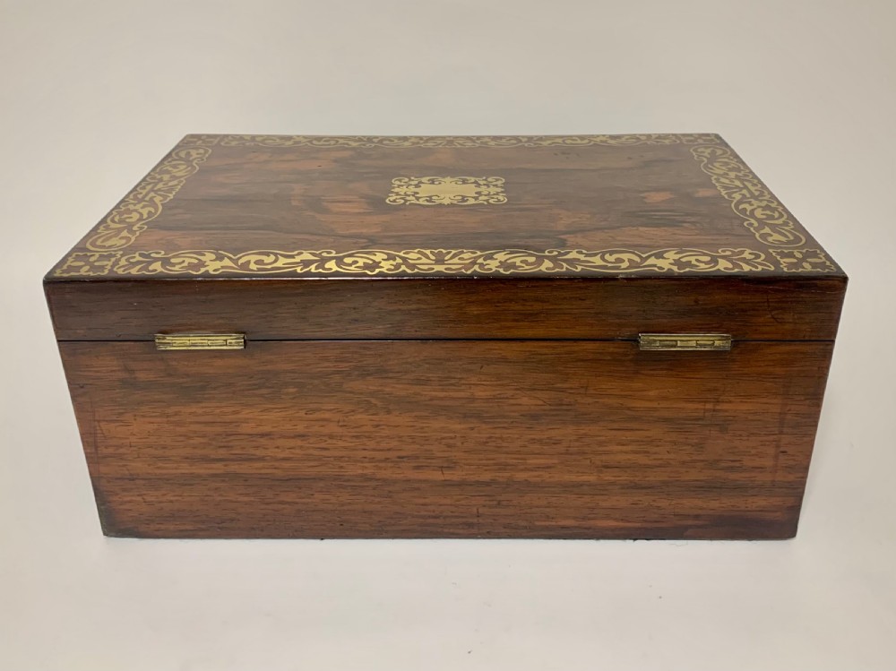 Superb Antique Rosewood Brass Inlaid Writing Slope Box with Double Hinge View VI