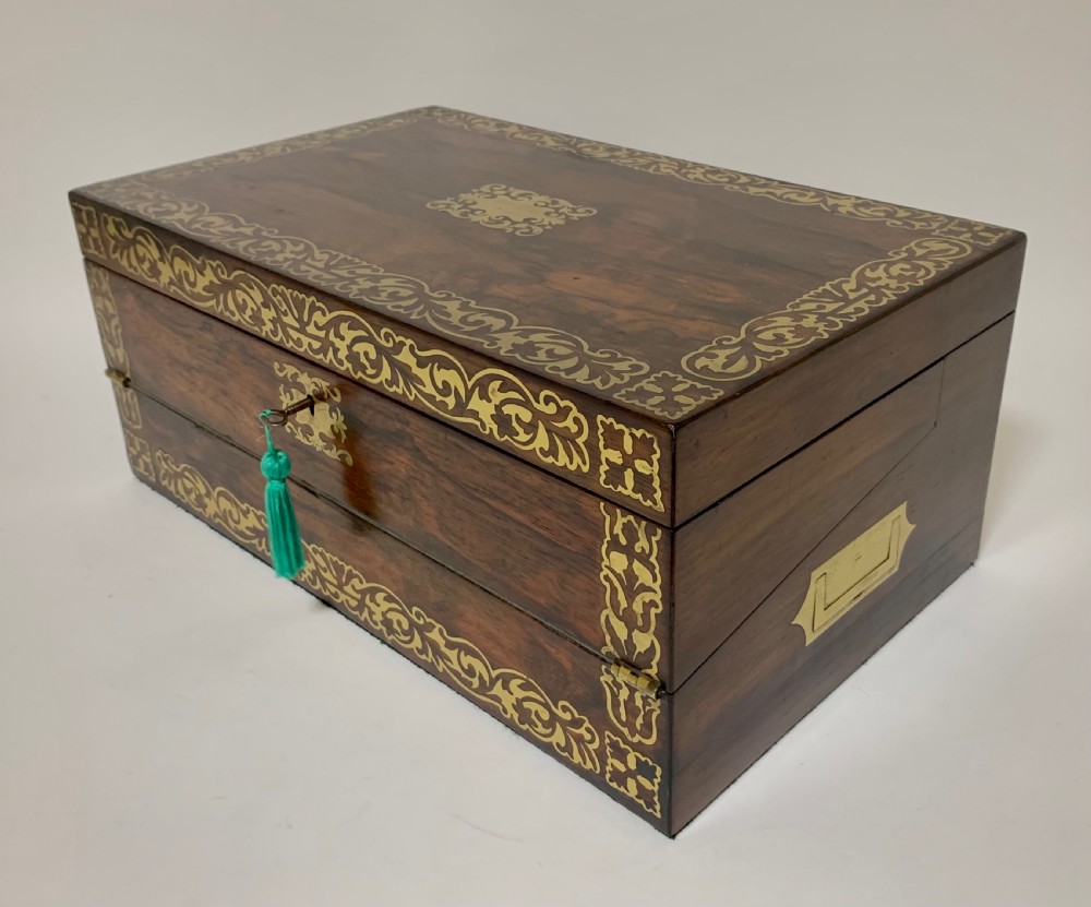 Superb Antique Rosewood Brass Inlaid Writing Slope Box with Double Hinge View VII