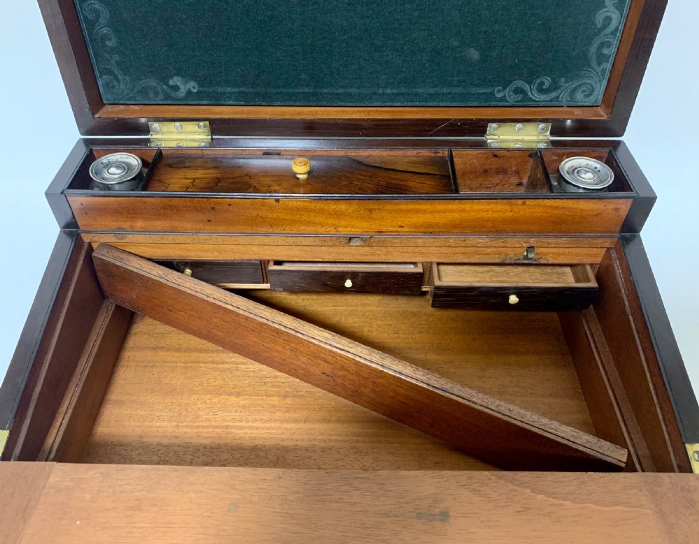 Superb Antique Rosewood Brass Inlaid Writing Slope Box with Double Hinge View VIII