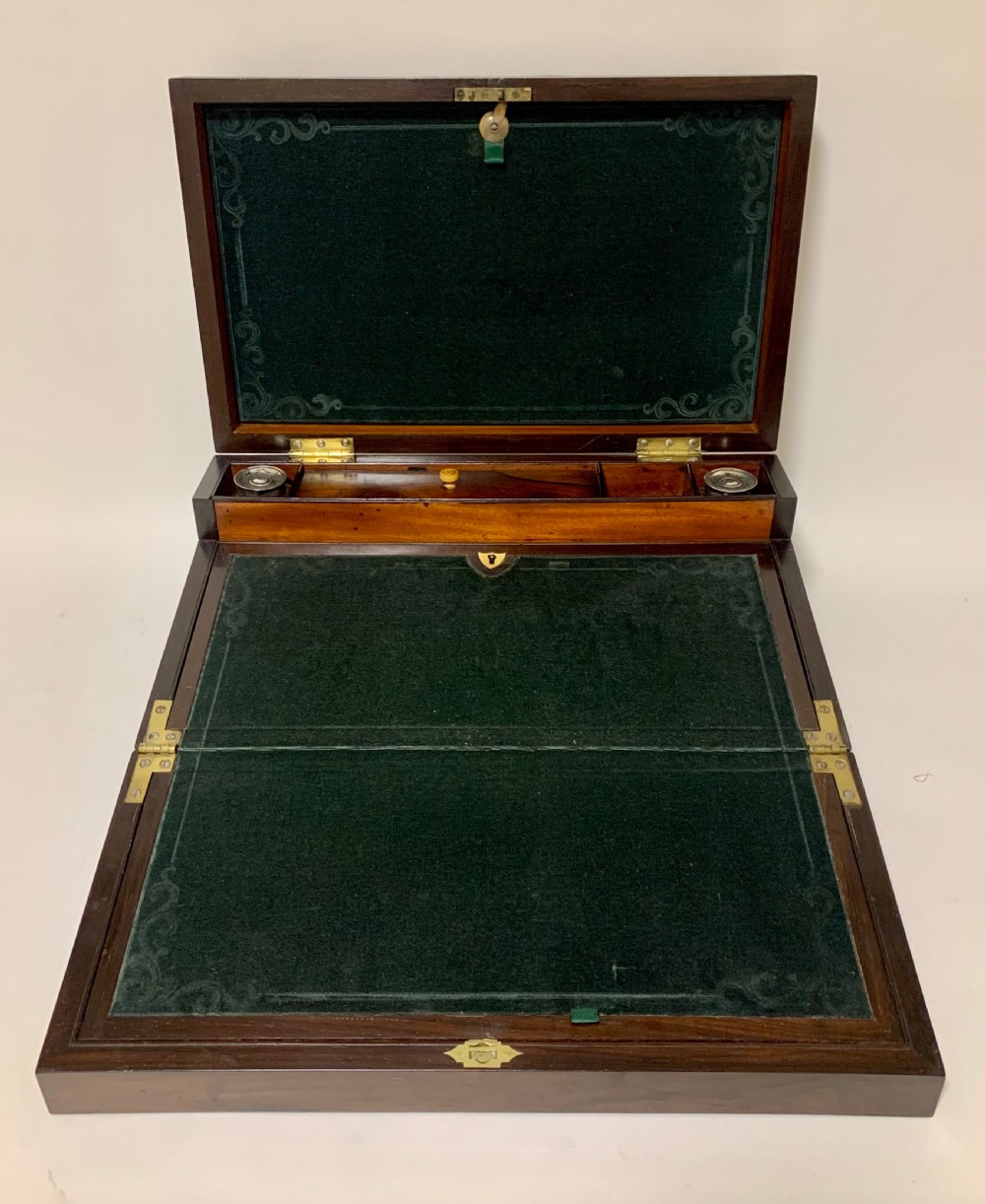 Superb Antique Rosewood Brass Inlaid Writing Slope Box with Double Hinge View XI