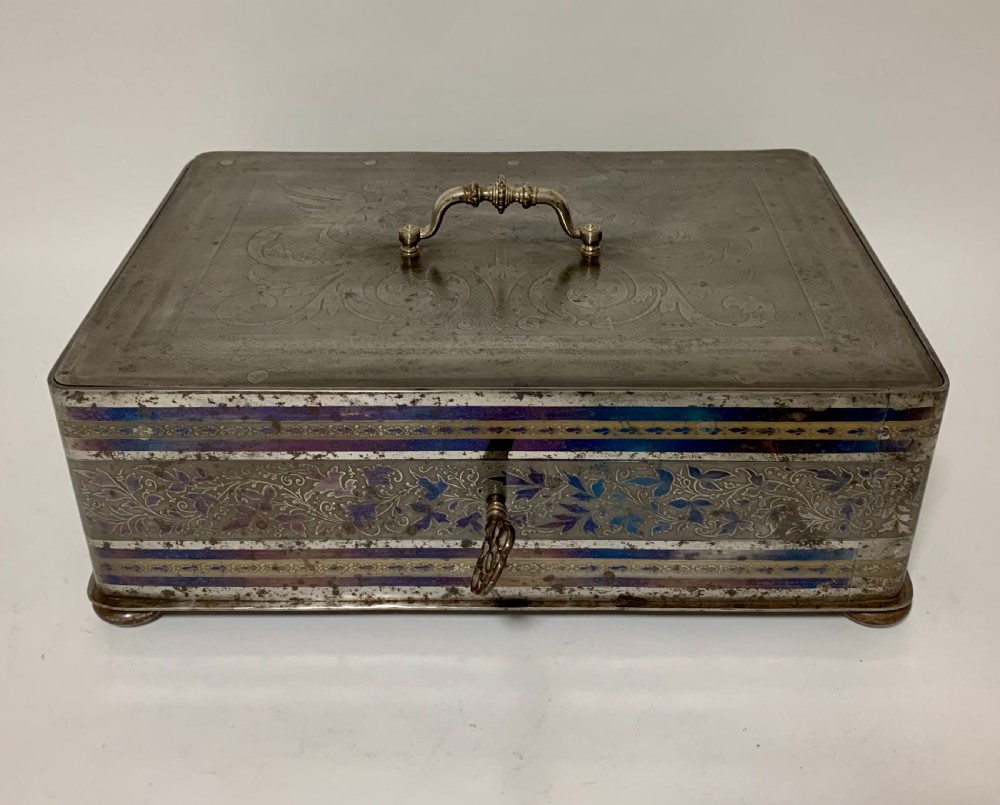 Rare Antique Victorian Etched Steel Strongbox Safe with Key