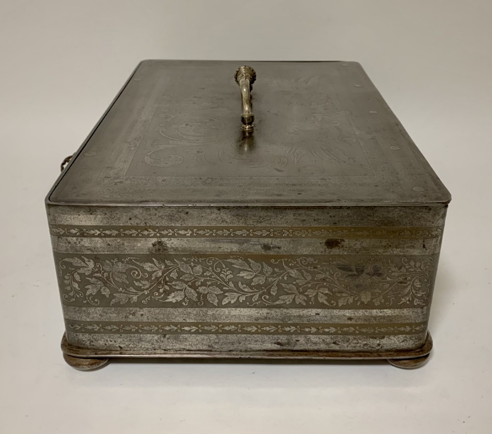 Rare Antique Victorian Etched Steel Strongbox Safe with Key View IX