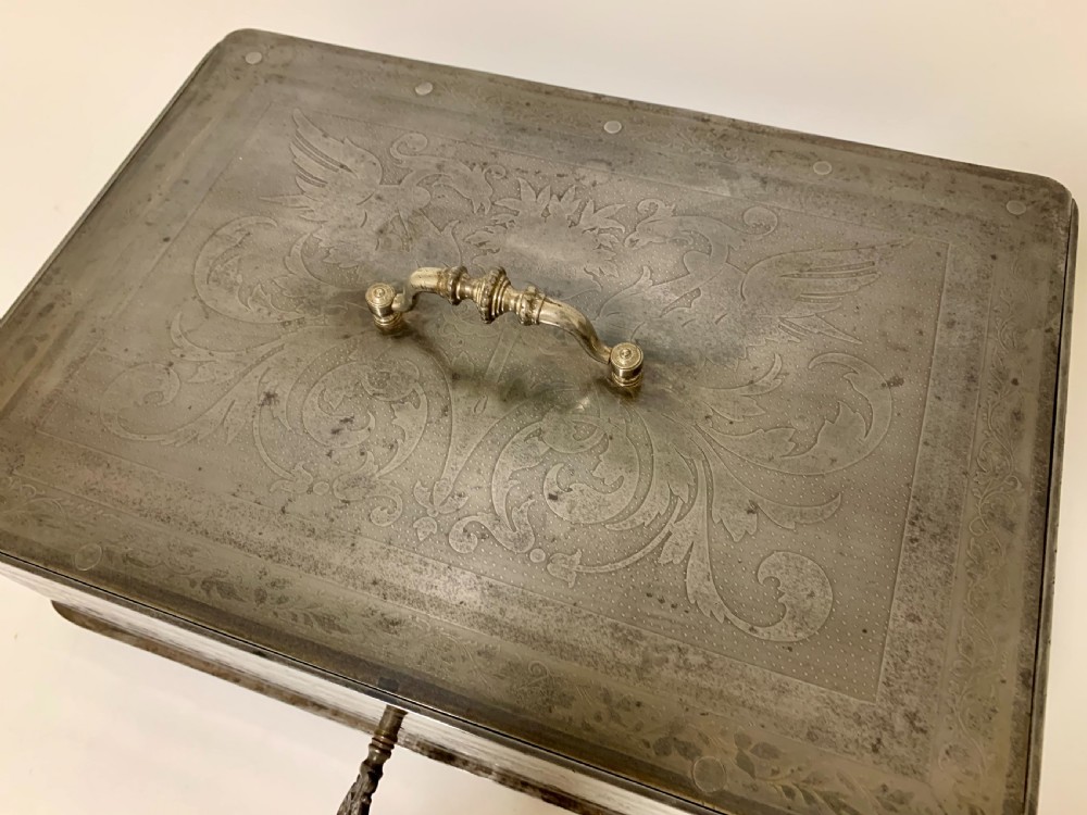 Rare Antique Victorian Etched Steel Strongbox Safe with Key View X
