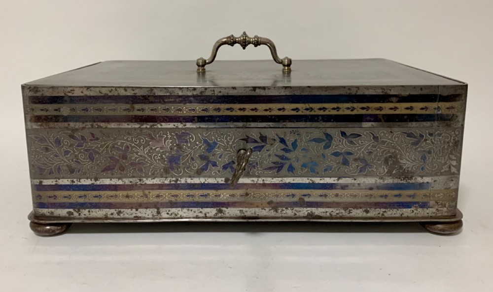 Rare Antique Victorian Etched Steel Strongbox Safe with Key View XII