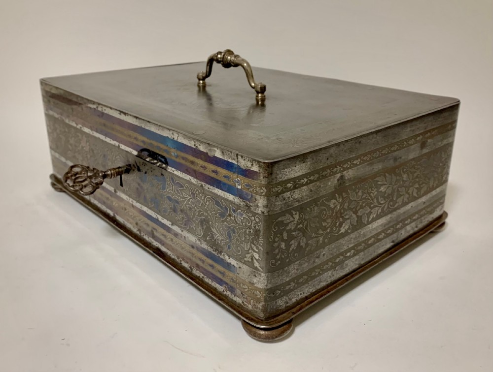 Rare Antique Victorian Etched Steel Strongbox Safe with Key View XIII