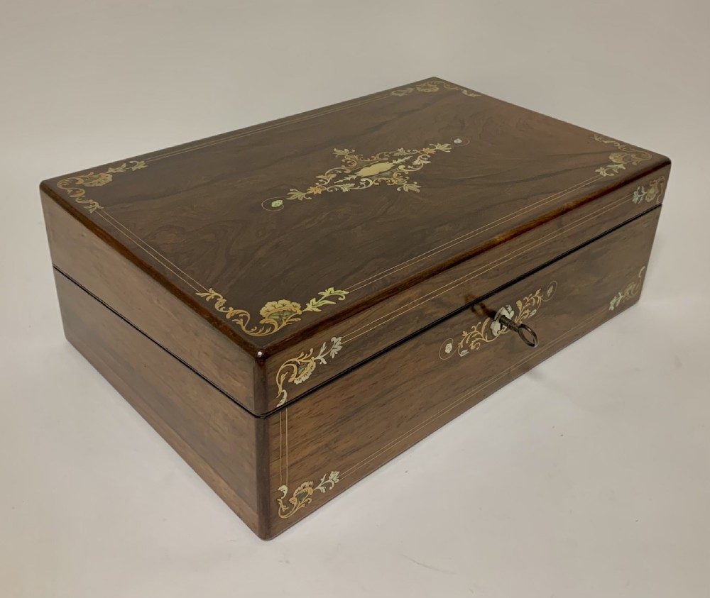Antique Victorian Rosewood Abalone Mother of Pearl Inlaid Writing Slope Box View IX